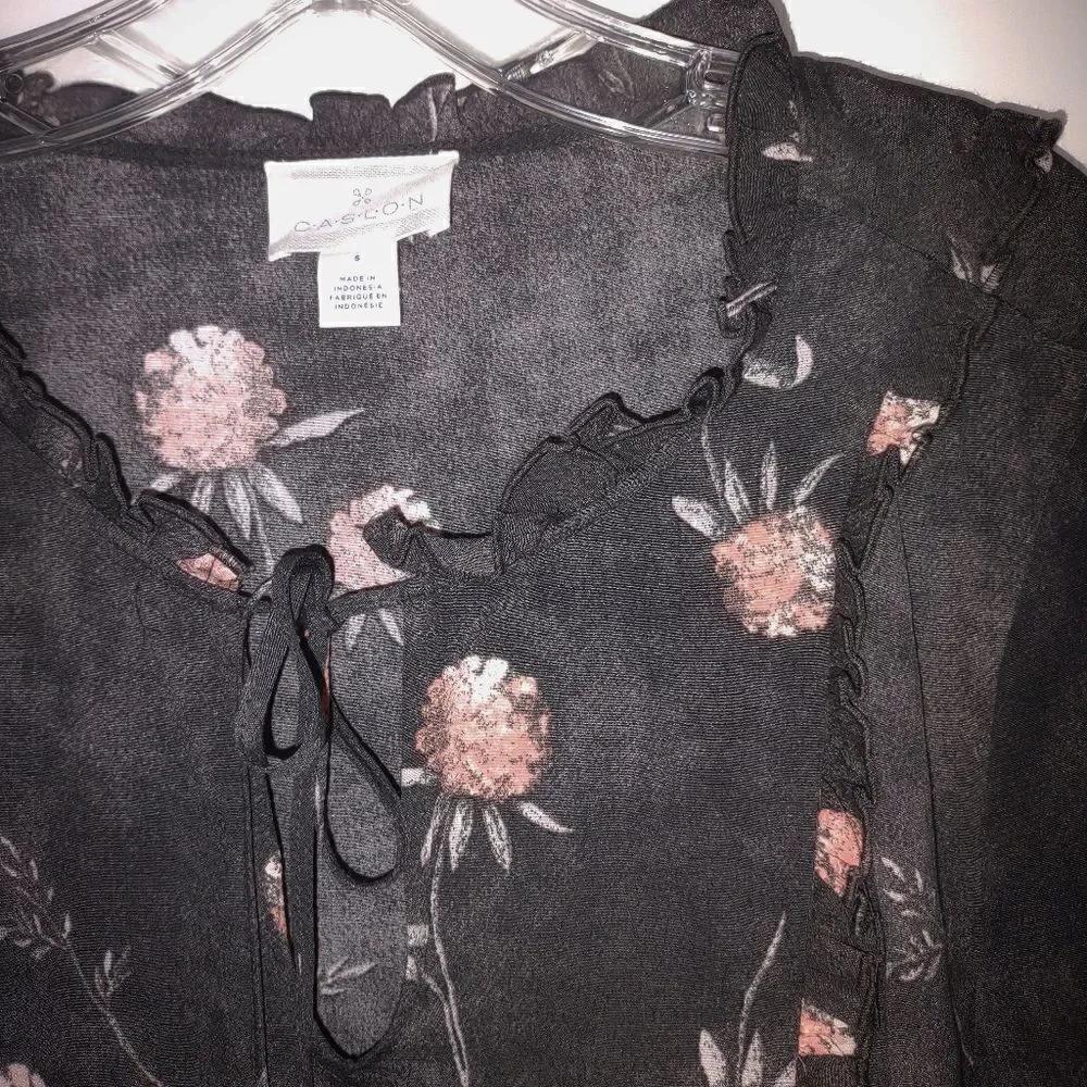Caslon‎ Dress Sz S Pink Black Floral Print Long Sleeve Ruffle Accents Drop Waist